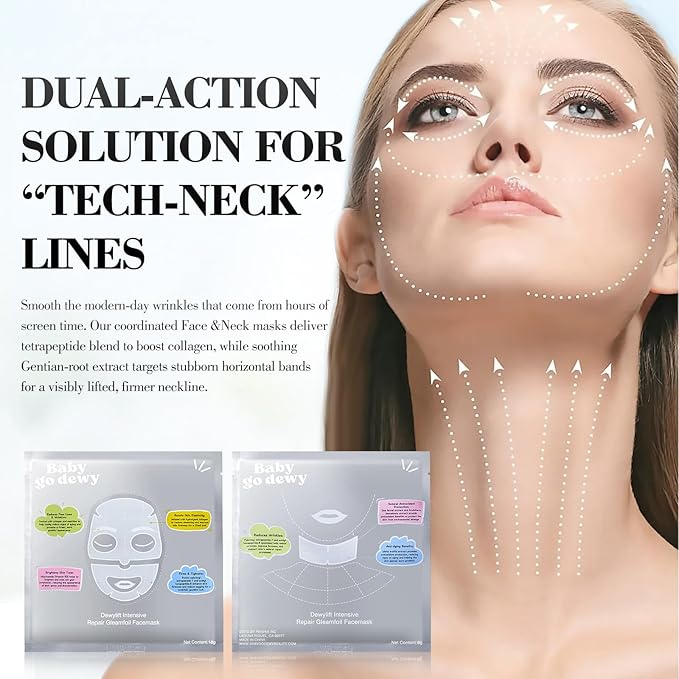 Bio-Collagen‑Peptide Face Mask Sheets – Gleam Foil Intensive Overnight Hydrate Face & Neck Masks for Moisturizing, Firming & Lifting Care – 8 Count(4 Face Masks + 4 Neck Masks)