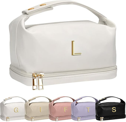 Bridal Gifts, Travel Makeup Bag, Personalized Double Layer Cosmetic Toiletry Bag White Makeup PU Bag Letter Bride Purse Waterproof Portable Zipper Wedding Bridesmaid Gift