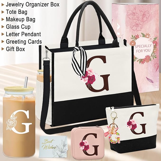 Birthday Gifts for Women,Initial Canvas Tote Bag,Monogrammed Gift for Women,16oz Initial Glass Cup,Makeup Bag with Zipper,Jewelry Organizer Box,Personalized Gifts for Mom-G