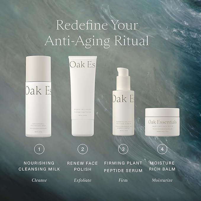 Oak Essentials Youthful Skin Routine Set | 4-Step Skin Renewal Kit with Peptide Serum, Face Polish, Cleansing Milk & Moisture Balm