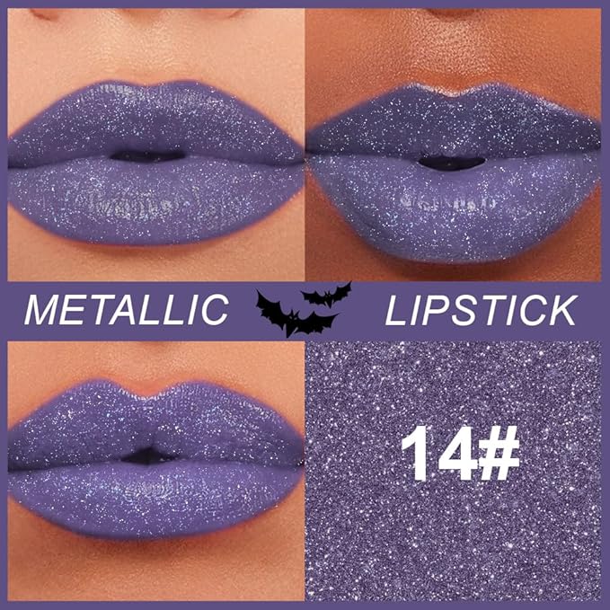 Kaely Glitter Metallic Lipstick, Shimmer Metallic Lipsticks for Women, High Pigmented Lip Gloss Long Lasting Waterproof Smudge Proof 24 Hour, Halloween Makeup, Vegan & Cruelty-Free, 14
