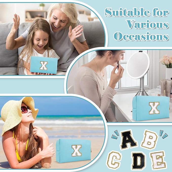 Small Personalized Initial A-Z Preppy Patch Makeup Bag,PU Chenille Letter Travel Cosmetic Pouch with Zipper,Blue Cute Toiletry Bag,Gift Ideal for Teen Girls Women Teacher Bridesmaid,Letter X