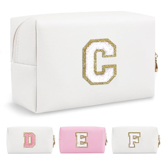 Small Personalized Initial A-Z Preppy Patch Makeup Bag,White PU Chenille Letter Travel Cosmetic Pouch with Zipper,Cute Toiletry Bag,Gift Ideal for Teen Girls Women Teacher Bridesmaid,Letter C