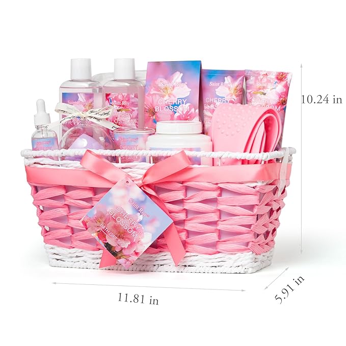 Bath & Body Gift Set, Luxury Home Spa Bath Gift Basket, Cherry Blossom Scented Bath Set, Pamper Gifts for Women & Teens, 12 Pcs Relaxing Home Spa Kit for women Body Kit Birthday Gift teacher's day