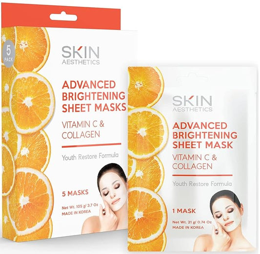 Vitamin C & Collagen Sheet Face Mask - Reduces Wrinkles & Age Spots, Hydrating - Dermatologist Tested Korean Skincare - Clean Beauty, Cruelty-Free - 5 Masks