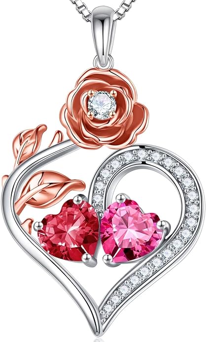 Iefil Rose Heart Birthstone Necklaces for Women - 925 Sterling Silver Double Birthstone Necklace, Anniversary Birthday Gifts for Women, Jewelry Gifts for Wife Her