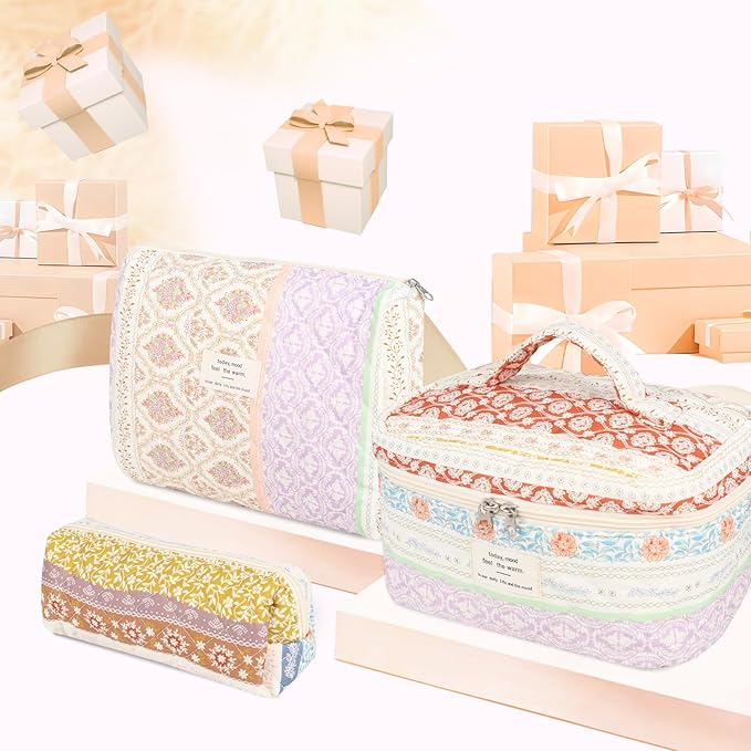 Anfly Makeup Bag, Quilted Cosmetic Bags, Large Floral Make Up Bag, Cute Makeup Bag 3PC Set for Women Girls (Color Clash)
