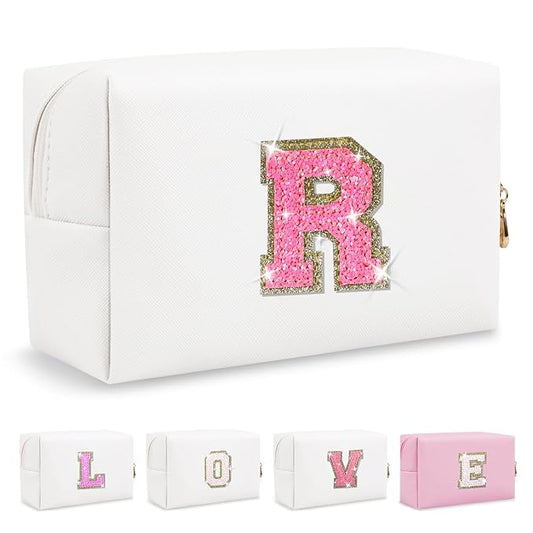 Small Personalized Initial A-Z Patch Makeup Bag,White Cute PU Leather Glitter Letter Cosmetic Bag for Teen Girls,Travel Toiletry Bag with Zipper,Preppy Monogrammed Birthday Gift for Daughter Niece R