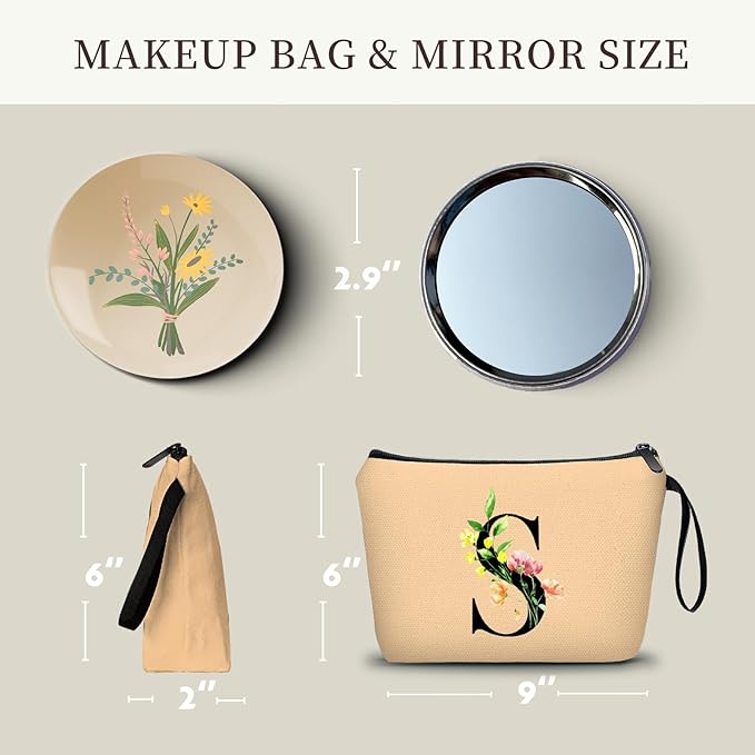 Women Birthday Unique Bride to be Bridal Shower Initial Gifts for Mom Sister Friend Her Teacher Aunt Makeup Cosmetic Bag with Mirror Mothers Day Christmas Graduation S