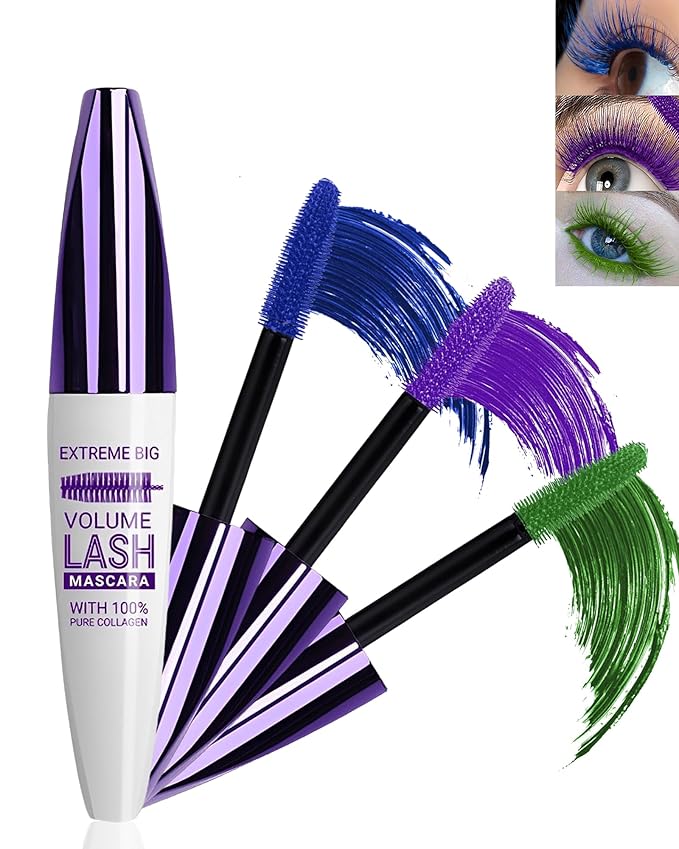 5D Colored Mascara for Eyelashes-3 Colors Blue Purple Green Longlasting Waterproof Mascara Volume and Length,Curling Fiber rimel de pestañas,Christmas Cosplay Eye Makeup Gift for Women Girl