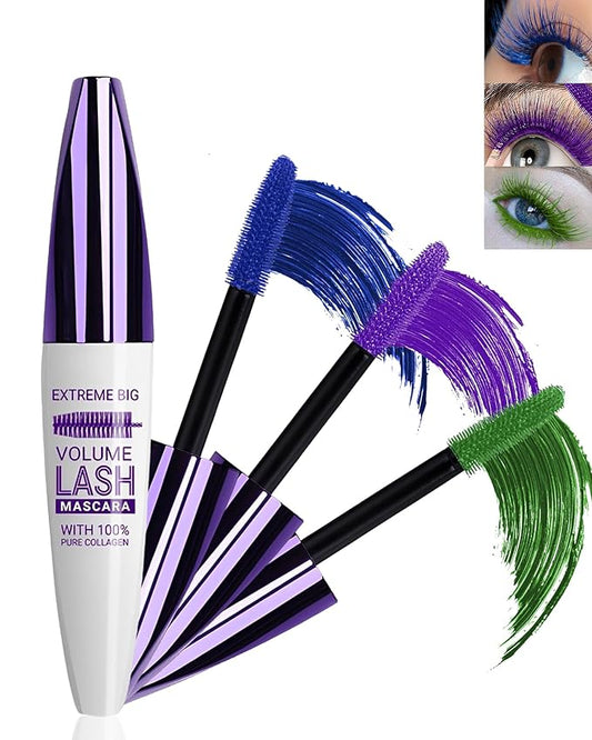 5D Colored Mascara for Eyelashes-3 Colors Blue Purple Green Longlasting Waterproof Mascara Volume and Length,Curling Fiber rimel de pestañas,Christmas Cosplay Eye Makeup Gift for Women Girl