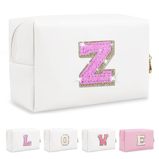 Small Initial Patch Makeup Bag Personalized Gifts Make Up Bag,White Cute PU Leather Glitter Letter Cosmetic Bag with Zipper,Trendy Portable Travel Toiletry Pouch,Preppy Stuff for Teen Girls Women Z