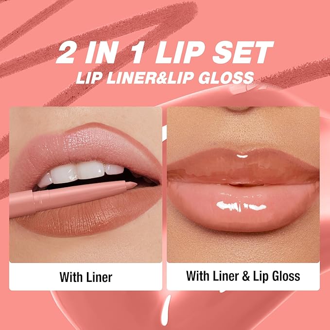 6pcs Hydrating Lip Oils + Lip Liner Pencil Lip Combo Sets, 24H Long-Lasting Lip Kit with Lip Liner and Gloss, Nourishing, Non-Sticky Tinted Stain Lip Gloss Plumping Lip Oil Set for Women(Set B)