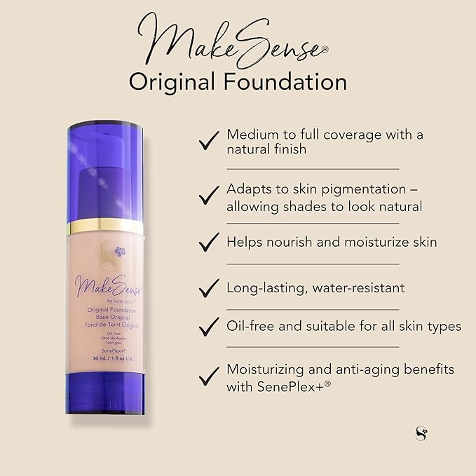 SeneGence MakeSense Original Foundation, Porcelain, 1 Fl Oz, Long-Lasting Oil-Free Formula with Skin-Nourishing Ingredients, Water-Resistant