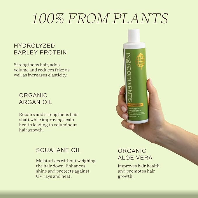 Ingreendients Non Toxic Vegan Volumizing Conditioner with Organic Ingredients For Fine Hair - Strengthening Barley Protein and Argan Oil, Color Safe, Paraben & Gluten Free, Silicone & Sulfate Free