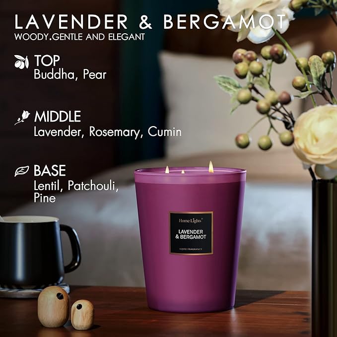HomeLights Highly Scented Soy Candles Big 33.3 oz for Home. 3 Cotton Wicks, Smokeless Long Lasting 130 hrs in Lavender & Bergamot. 5x6, Great Gift for Women & Men