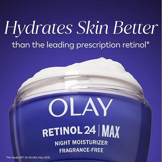 Olay Retinol Face Moisturizer, 24 MAX Anti-Aging Night Cream for Women, Fragrance-Free, Non Greasy - Anti-Wrinkle, Smooth Fine Lines, Tightening, Hydrating Skin Care - Peptides, Glycerin, 1.7 Oz