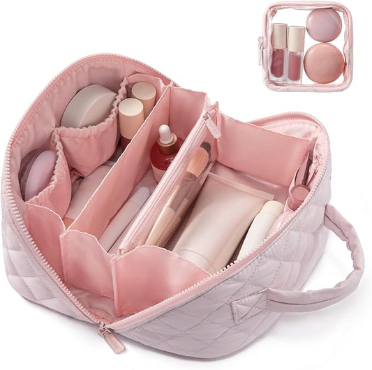 LOVEVOOK Travel Makeup Bag for Women, 2Pcs Puffer Waterproof Cosmetic Organizer, Large Capacity Pouch Open Flat Small Toiletry Bag with Brush Compartment & Handle, Portable Gift for Her, Pink