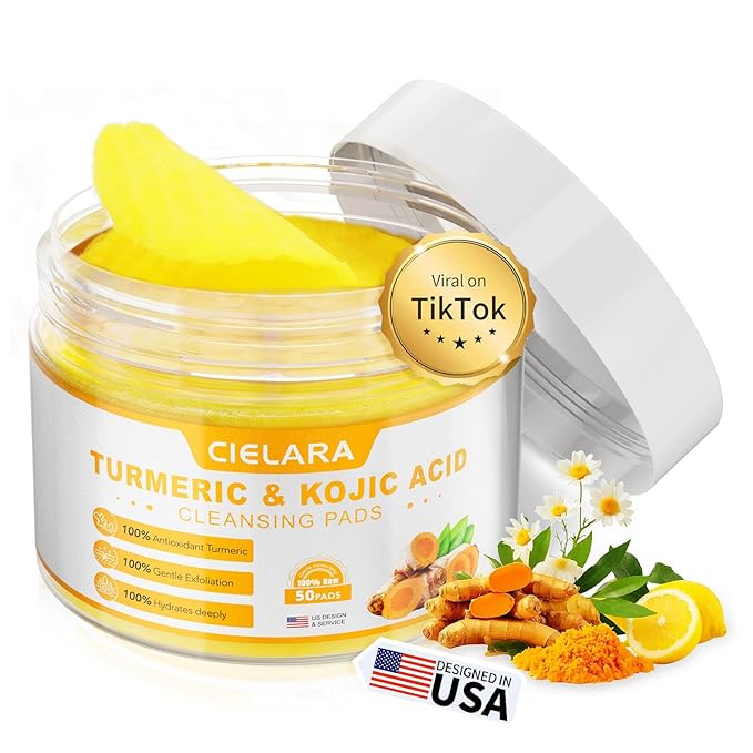 Turmeric Kojic Acid Cleansing Pads for Dark Spots, Lemon Turmeric Pads with Vitamin C & E, Deep Clean Pores, Hydrate & Plump Skin Exfoliating with Kojic Acid 50 Count