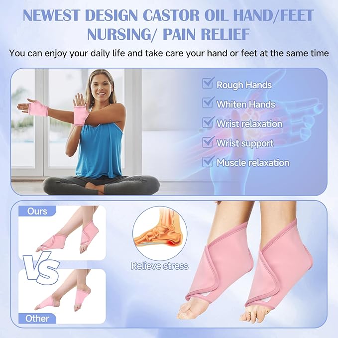 Castor Oil Pack Wrap, 9 Pcs Organic Castor Oil Packs Kit for Entire Body Neck Shoulder Waist Back Hand Knee Leg and Feet, Reusable Pads Kit for Hot/Cold Castor Oil Compress for Woman/Man【Pink】