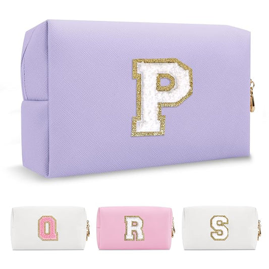 Personalized Makeup Bag Initial A-Z Preppy Patch Bag,Small PU Leather Travel Cosmetic Bag Pouch with Zipper,Purple Cute Toiletry Bag,Gift Ideal for Teen Girls Women Birthday Friend Mom,Latter P