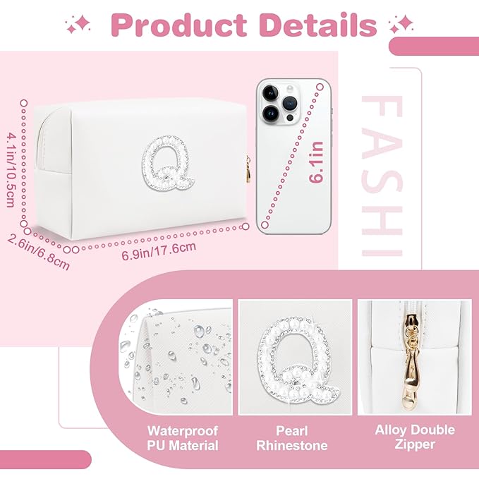 Bride Gifts – Personalized Initial Makeup Bag with Pearl Rhinestone Patch, Preppy White Monogram Cosmetic/Toiletry Pouch, bridesmaid Gifts, Bridal Shower Gifts, Wedding Gifts, Bridal Gifts,Q