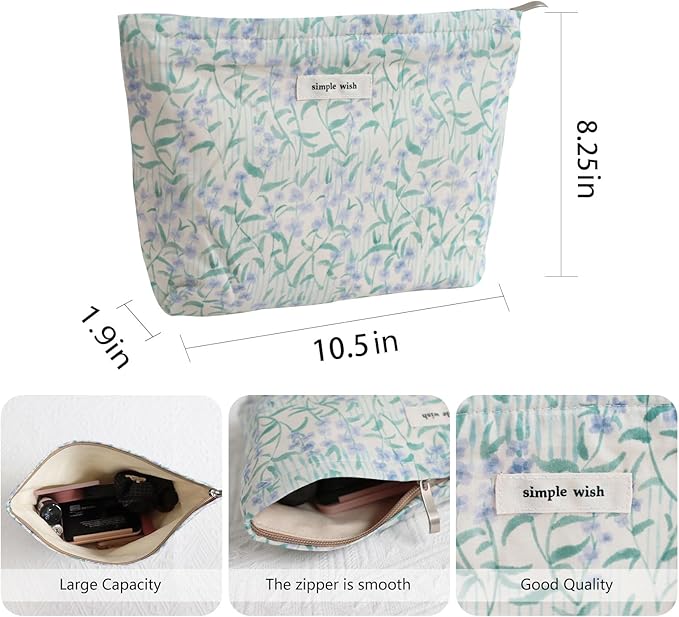 Wudygirl Cute Makeup Bag for Women - Travel Cosmetic Bag with Zipper Makeup Pouch Floral Make up Organizer Handbag Aesthetic (Purple Floral)