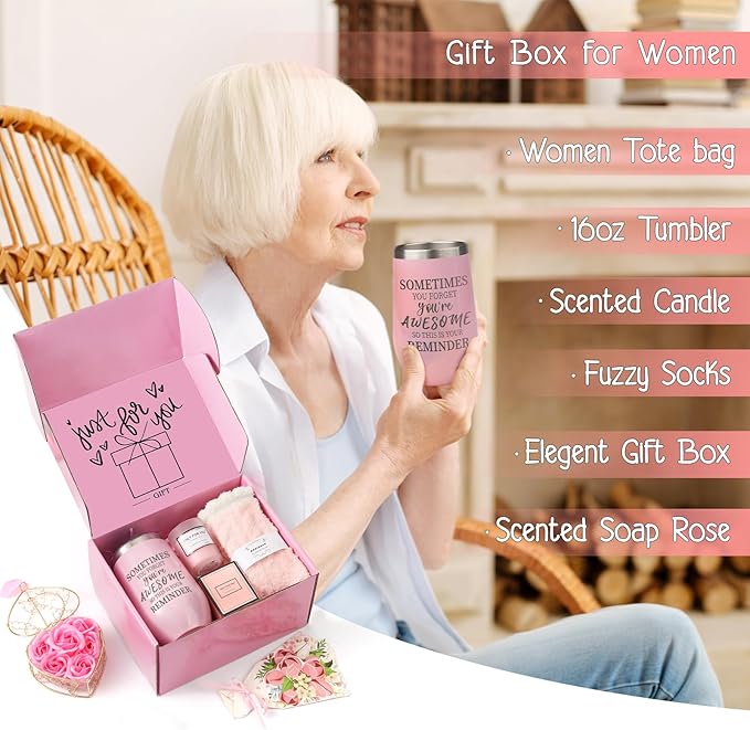 Gifts Baskets for Women, Birthday Baskets for Mom, Sister, Her, Employee, Wife, Thanksgiving Day, Christmas Gifts for Women, Care Package, Gift Sets with Canvas Tote Bag Sock Tumbler Soap Flower