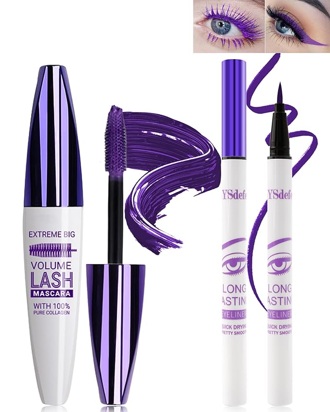 Purple Mascara & Liquid Eyeliner Set,5D Waterproof Silk Fiber Colored Mascara Volume and Length,Longlasting Smudgeproof Color Eye Liner Pen,Halloween Colorful Eye Makeup Gift Kit for Women Girl-05