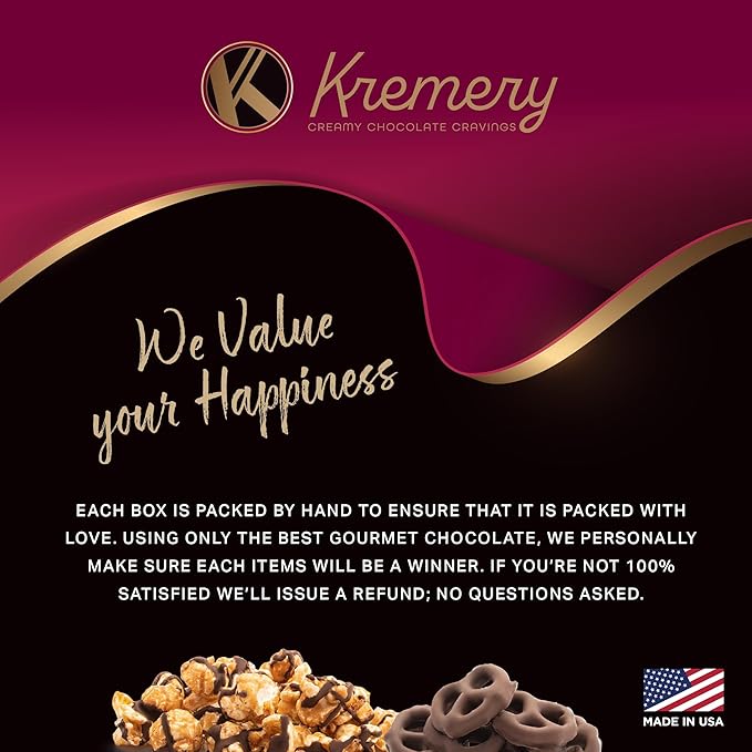 KREMERY Creamy Chocolate Cravings - Chocolate Covered Pretzels & Caramel Popcorn Gift Basket, in Seagrass Tray + Ribbon (Premium, 2.5 lbs) Food Arrangement, Food Assortments USA Made