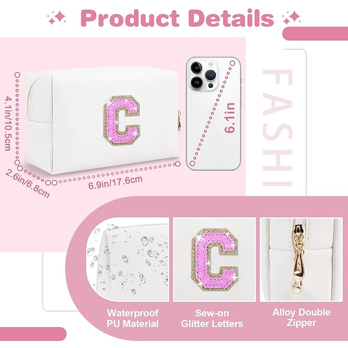 Small Initial Patch Makeup Bag Personalized Gifts Make Up Bag,White Cute PU Leather Glitter Letter Cosmetic Bag with Zipper,Trendy Portable Travel Toiletry Pouch,Preppy Stuff for Teen Girls Women C