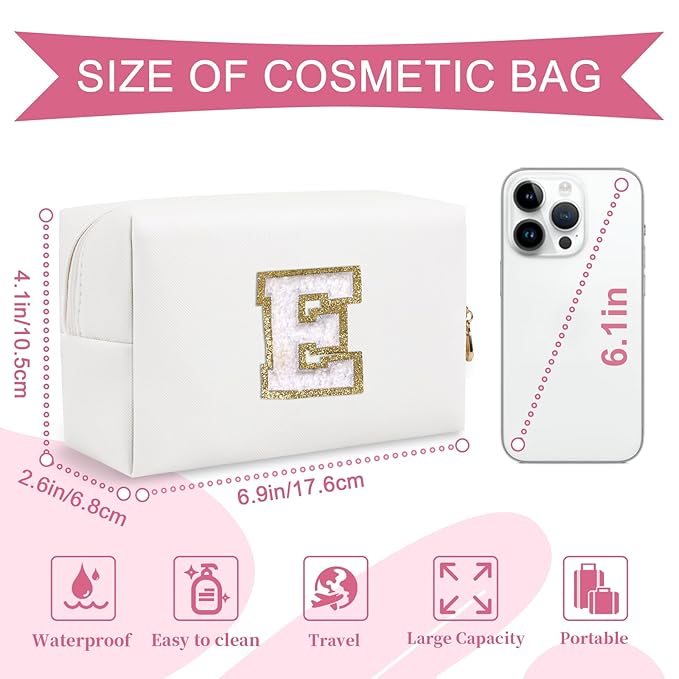 Small Personalized Initial A-Z Preppy Patch Makeup Bag,White PU Chenille Letter Travel Cosmetic Pouch with Zipper,Cute Toiletry Bag,Gift Ideal for Teen Girls Women Teacher Bridesmaid,Letter E