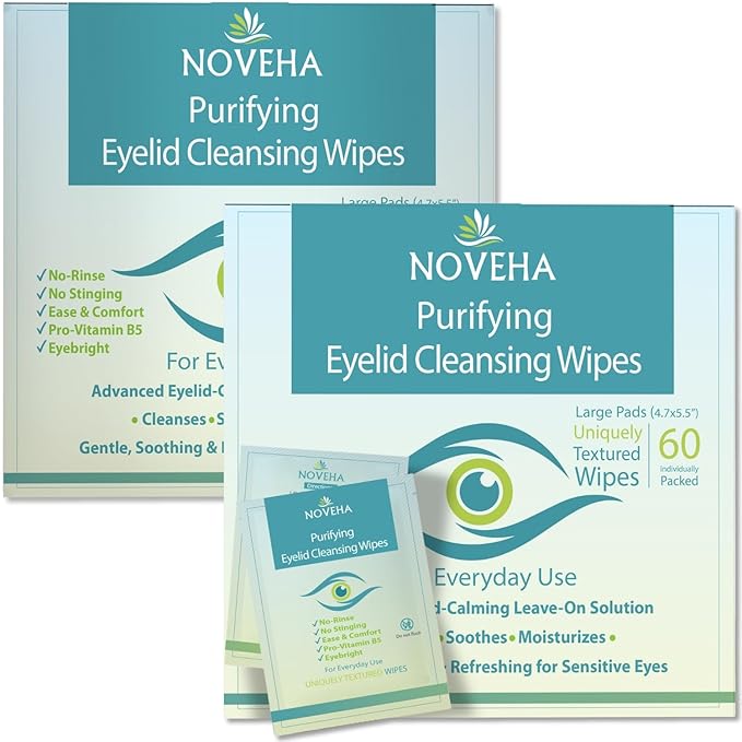 NOVEHA 120PCs Eyelid & Lash Wipes | For Itchy, Dry Eyes, Styes & Blepharitis | Gentle Refreshing Eye Scrub Cleansing Wipes, Hypoallergenic & Soothing For Sensitive Eyes | Vegan Face Moisturizer