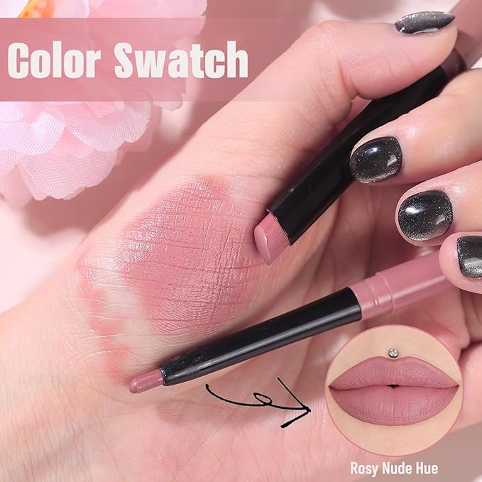 QiBest Nude Rose Pink Cream Lipstick with Lip Liner Makeup Set for Women, Soft Matte Lip Stick Silk Finish with LipLiner Pencil 24 Hours Original Waterproof Labials, Velvety & Non-Drying Formula