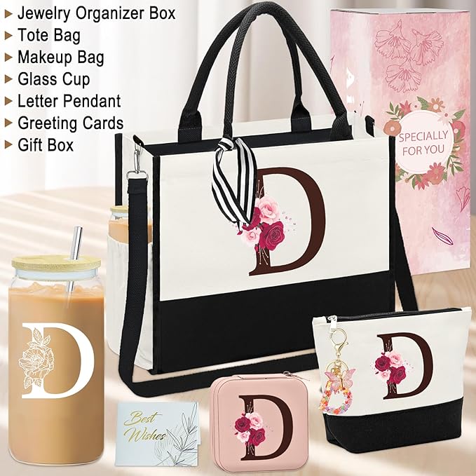 Birthday Gifts for Women,Initial Canvas Tote Bag,Monogrammed Gift for Women,16oz Initial Glass Cup,Makeup Bag with Zipper,Jewelry Organizer Box,Personalized Gifts for Mom-D