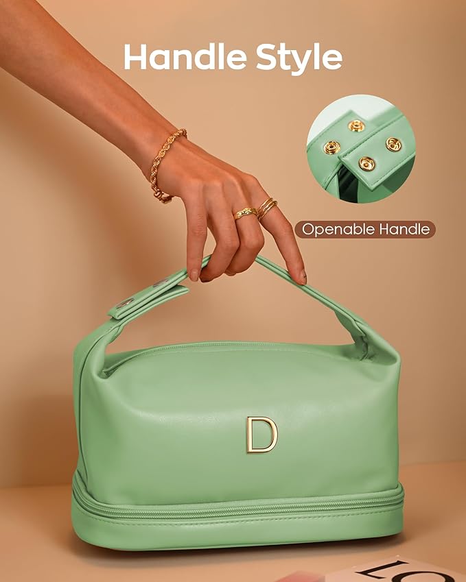 Gifts for 9 10 11 12 13 14 15 16 17 18 19 Year Old Girls, Travel Makeup Bag with Handle, Initial Double Layer Cosmetic Bag with Makeup Brush Organizer, Gifts for Friends Female Mom