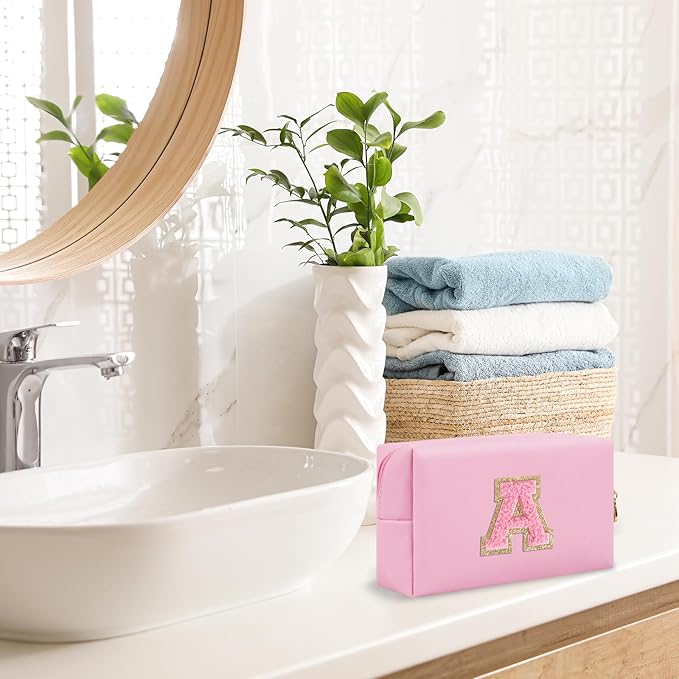 Personalized Initial A-Z Preppy Patch Makeup Bag,Small PU Leather Chenille Letter Cosmetic Bag with Zipper for Teen Girls,Pink Cute Travel Toiletry Bag,Birthday Monogrammed Gift for Daughter,Letter A