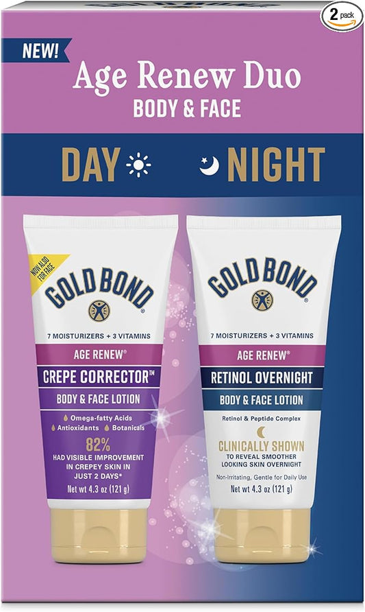 Gold Bond Age Renew Day & Night Duo Lotion Set for Body & Face, Gold Bond Crepe Corrector Lotion, Visibly Firms Skin & Gold Bond Retinol Overnight Lotion, Visibly Smooths Skin, 8.6 oz.
