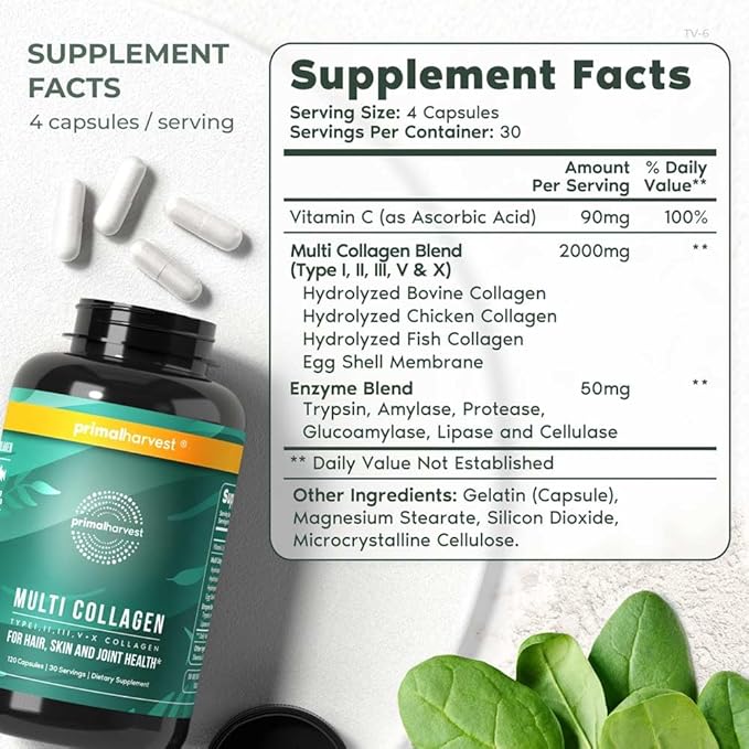 Primal Harvest 2 Pack, Multi Collagen Pills for Women and Men (Type I, II, III, V, X) Collagen Supplements for Women and Men, 120 Capsules w/Vitamin C for Hair, Skin, Nails Collagen Peptides Pills