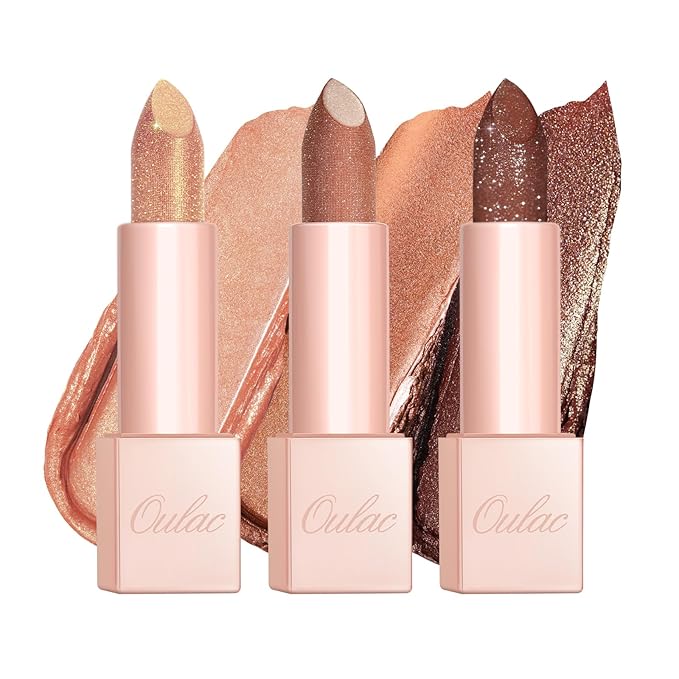 Oulac Moisture Nude Brown Lipstick Set 3PCS - Infinity High Shine Finish, Hydrating Vegan Lipstick Infused with Damask Rose Oil for All-Day Comfort, Gluten-Free, PG13+PG06+D06