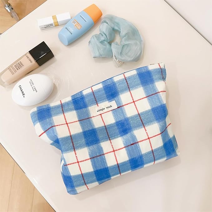 Wudygirl Makeup Bag Canvas Cosmetic Bag for Women Aesthetic Makeup Organizer Travel Makeup Pouch Toiletry Bag Pouches for Purse Cute Zipper Pouch Handbag (Blue White Line)