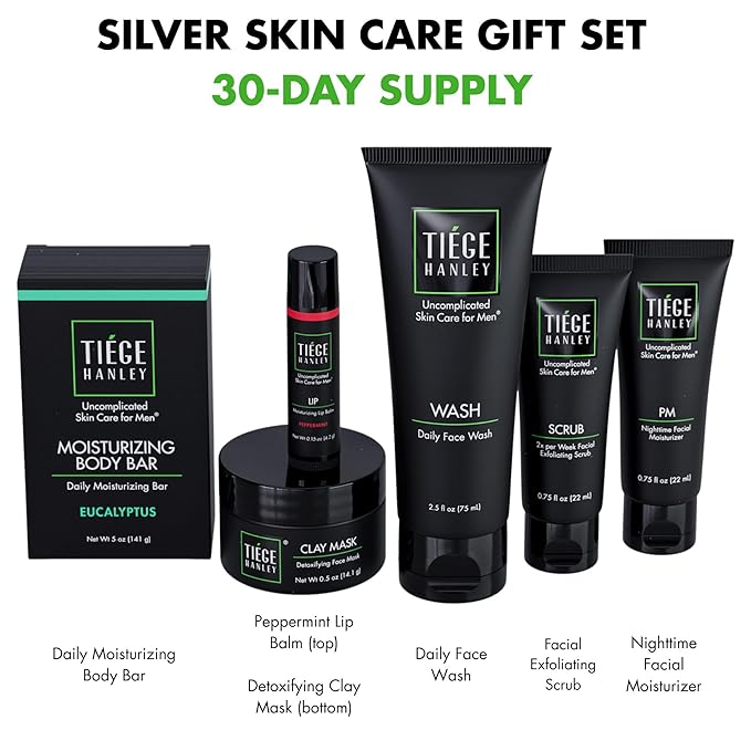 Tiege Hanley Mens Skin Care Gift Box Set, Silver - Men's Skincare Set Includes Face Wash, Exfoliating Scrub, Facial Moisturizer, Face Clay Mask, Moisturizing Lip Balm, & Moisturizing Body Soap Bar