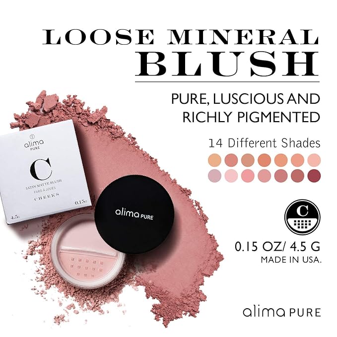 Alima Pure Loose Mineral Blush - Powder Makeup for Cheeks, Satin Matte Finish, Pink, Talc Free, Vegan .15 oz/ 4.5 g