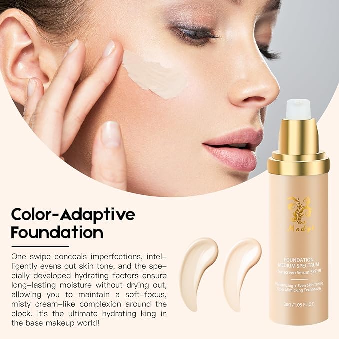 Foundation Medium 4-in-1 Color-Shifting Spectrum Foundation Concealer, Long-Lasting, Skincare, Suitable for Various Skin Types, Set Includes Foundation Brush and Sponge