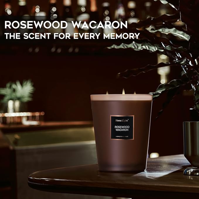 HomeLights Scented Candles | Large Jar Candle - 33.3 Oz. Natural Soy Aromatherapy Candles | Up to 70 Hours Burn Time with 3 Cotton Wicks, Home Decorative Fragrance Candles - Rosewood Macaron