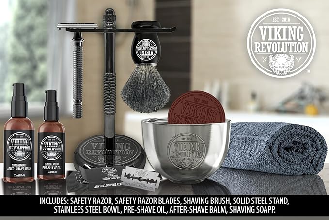 Viking Revolution Luxury Safety Razor Shaving Kit - Includes Double Edge Safety Razor, Stand, Bowl, After-Shave Balm, Pre-Shave Oil, Badger Brush - Safety Razor Kit