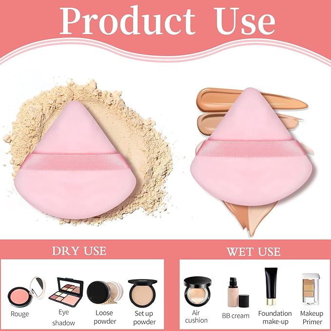 6 Pieces Pink Powder Puff Face Soft Triangle for Loose and Body Powder, Velour Makeup Sponge Set Setting Powder Puff Makeup Tools