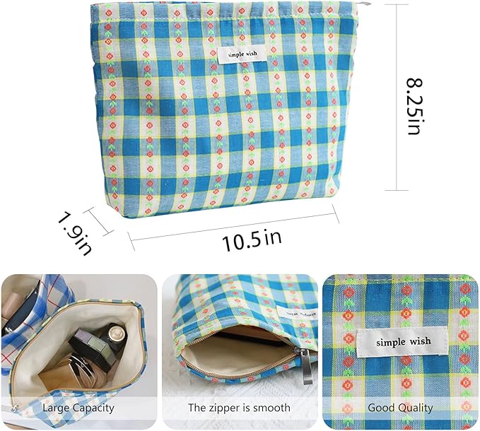 Wudygirl Cute Makeup Bag Large Capacity Cosmetic Bag Aesthetic Floral Makeup Pouch for Women Makeup Organizer Pencil Pouch Portable Toiletry Bag Zipper (Blue Floral)