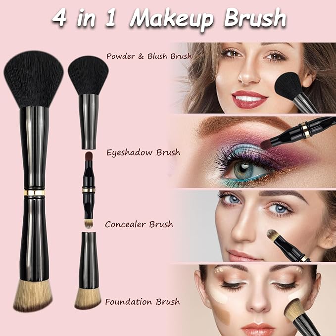 2 Pcs 4 in 1 Makeup Brush Set - Travel Size Powder/Blush, Foundation, Blending, Eye & Lip Brushes