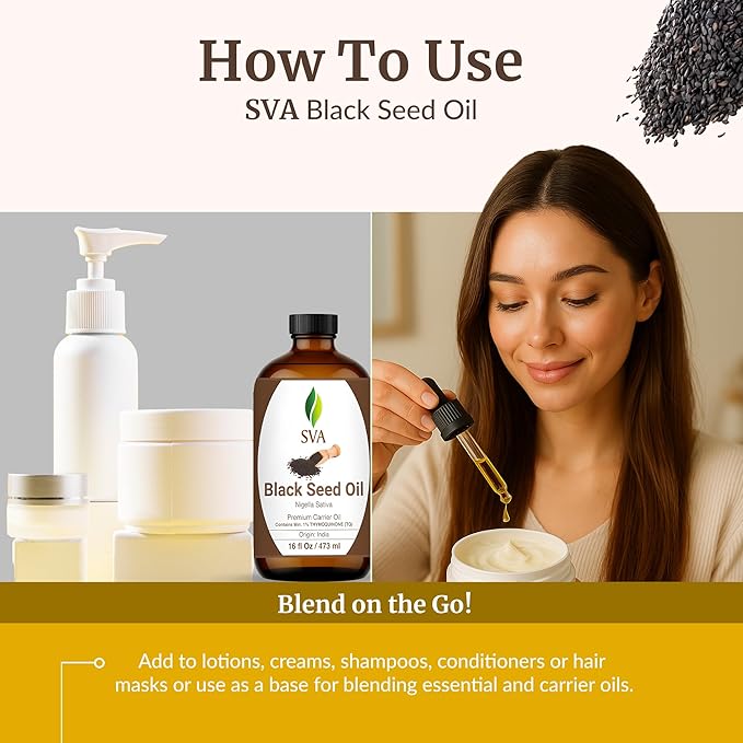 SVA Black Seed Oil - 16 Fl Oz – 100% Natural Cold Pressed Black Seed Oil - for Face, Skin Care, Hair Care, Scalp Massage & Body Massage – Carrier Oil